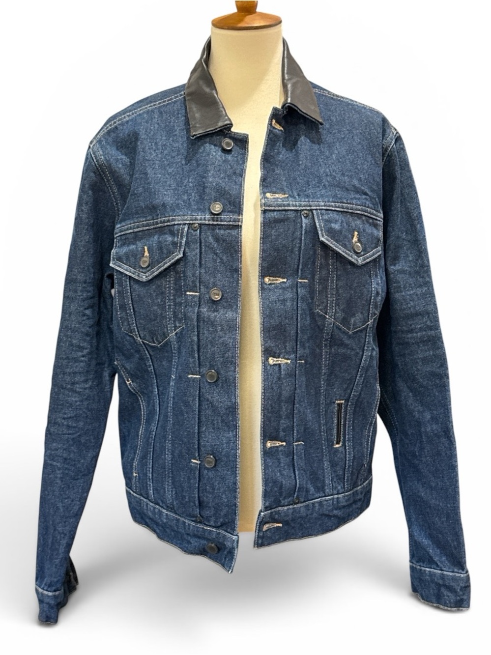Men's Dark Blue Denim Jacket with Contrasting Black Collar #458